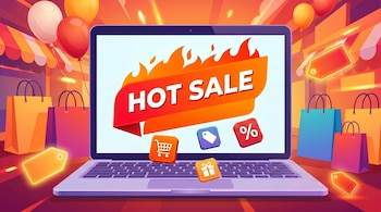 Ilustración de una laptop con "HOT SALE" en pantalla, rodeada de bolsas de compra coloridas, globos y etiquetas de precio brillantes, simbolizando ventas en línea