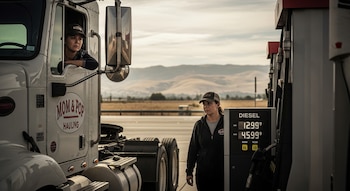 Dos mujeres en una estación de servicio. Una mira desde la cabina de un camión blanco con "Mom & Pop Hauling", otra está junto a un surtidor de diésel con precios altos.