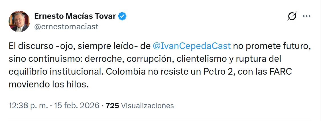 Ernesto Macías no dudó en señalar que el discurso de Iván Cepeda, aunque cuidadosamente preparado, está lleno de promesas de derroche y clientelismo - crédito @ernestomaciast/X