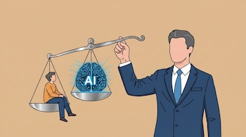 Ilustración de un hombre sosteniendo una balanza con una persona en un platillo y un cerebro de IA brillante con el texto 'AI' en el otro, sobre fondo beige.