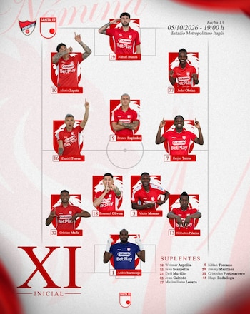 Once titular de Independiente Santa Fe para enfrentar a Independiente Medellín en la fecha 13 de la Liga BetPlay 2026-II - crédito @santafe_oficial/Instagram