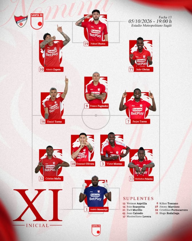 Once titular de Independiente Santa Fe para enfrentar a Independiente Medellín en la fecha 13 de la Liga BetPlay 2026-II - crédito @santafe_oficial/Instagram