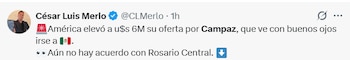 César Luis Merlo, periodista especializado en mercado de pases, anunció este martes 4 de agosto que América de México subió su oferta por Jaminton Campaz - crédito @clmerlo/X