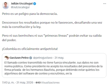 Julián Uscátegui afirmó que Gustavo Petro es “un peligro para la democracia” - crédito @JulUscategui/X