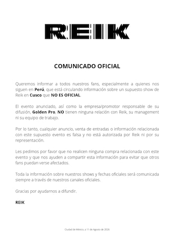 Logo de Reik; título Comunicado Oficial; texto que desmiente un concierto en Perú; firma Reik; fecha Ciudad de México, 11 de agosto de 2026