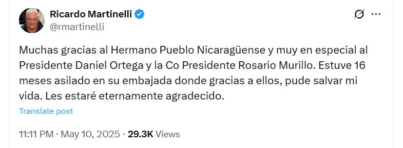 El expresidente panameño también agradeció al régimen de Ortega por brindar asilo desde febrero de 2024 - crédito @martinelli/X