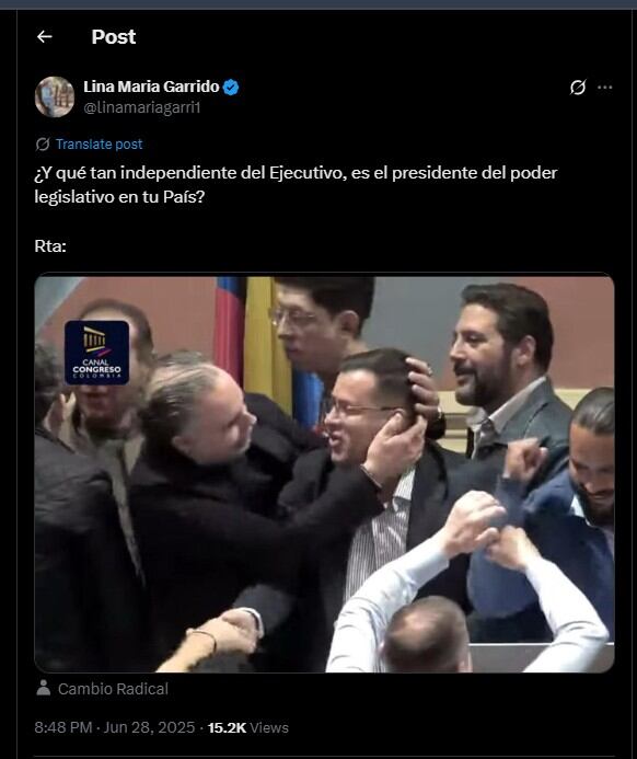 Lina Garrido cuestionó la imagen en que salen Armando Benedetti y Raúl Salamanca - crédito @linamariagarri1