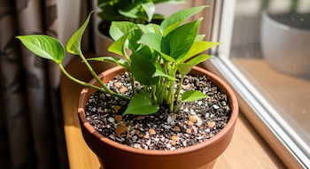 Primer plano de una planta verde en maceta de terracota, con cáscaras de huevo trituradas en la tierra, junto a una ventana con luz natural.