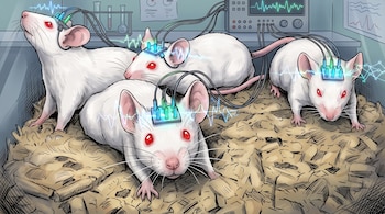 Cuatro ratones blancos con ojos rojos en virutas de madera, cada uno con un electrodo en la cabeza conectado a un monitor de ondas cerebrales.
