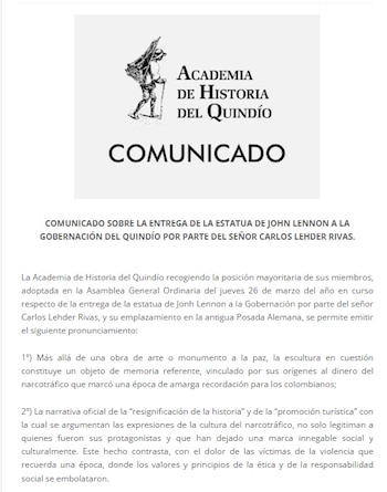 La organización rechaza entrega de estatua de John Lennon por parte de Carlos Lehder - crédito Academia de Historia de Quindío