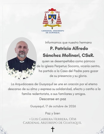 Comunicado oficial con un escudo episcopal, el retrato del sacerdote Patricio Sánchez Molinari y un texto luctuoso sobre fondo blanco