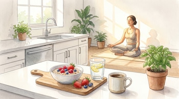 Ilustración en acuarela de una mujer meditando en posición de loto bajo el sol de una ventana. En una encimera, un desayuno con avena, frutos rojos, agua y café.