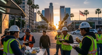 Grupo de trabajadores de la construcción con cascos y chalecos reflectantes comen en la calle de California al atardecer, con edificios y palmeras.