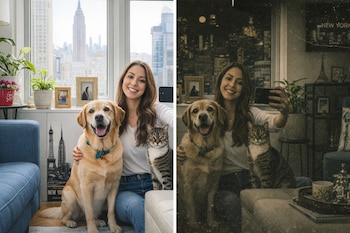Imagen partida por línea blanca: mujer, golden retriever y gato atigrado. La izquierda, vista clara de Nueva York; la derecha, misma escena oscura y vintage.