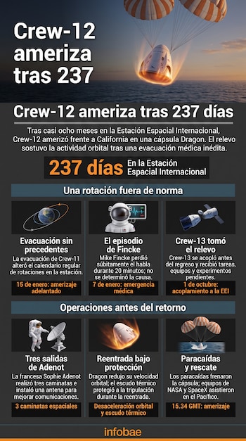 Infografía con una ilustración superior de una cápsula espacial en paracaídas sobre el mar y seis esquemas informativos con gráficos y texto.