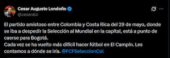 Medellín surge como alternativa principal para el amistoso de la Selección Colombia, gracias a la capacidad y el buen historial del estadio Atanasio Girardot, según indicó Cesar Augusto Londoño - crédito @cesaralo/X