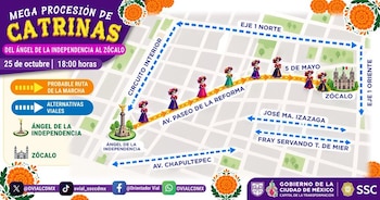 Mapa urbano con flechas naranjas y azules que trazan rutas, figuras de catrinas, textos informativos e insignias institucionales