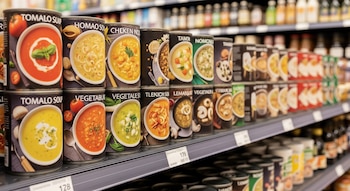Estantería de supermercado con numerosas latas de sopa apiladas. Cada lata tiene una etiqueta de diseño genérico con imágenes de diferentes sopas.