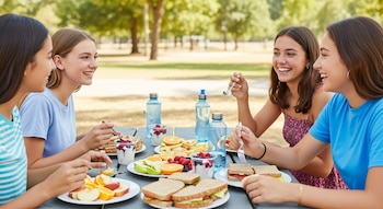Cuatro adolescentes sentadas en una mesa al aire libre, comiendo frutas, yogur y sándwiches