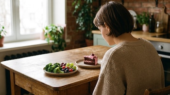 Persona de espaldas sentada a una mesa de madera frente a un plato con brócoli y frutas y otro plato con un pastel de chocolate.