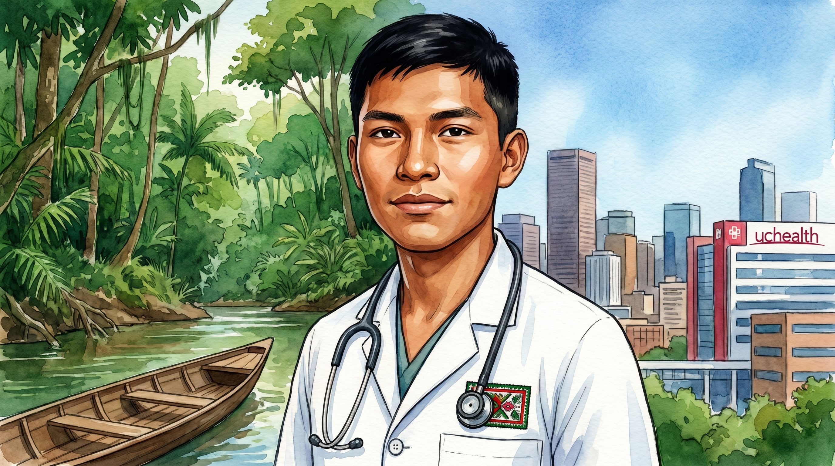 Caricatura digital de Ricky Leopoldo Pineda, médico indígena mayangna de Nicaragua, retratado entre la selva de Bosawás y el skyline de Denver, simbolizando su trayectoria y conexión cultural. (Imagen Ilustrativa Infobae)