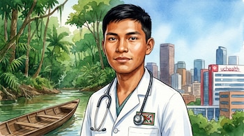 Retrato de acuarela digital de Ricky Pineda, médico mayangna, con piel cobriza y uniforme médico, sobre fondo de selva de Bosawás y el skyline de Denver con hospital UCHealth.