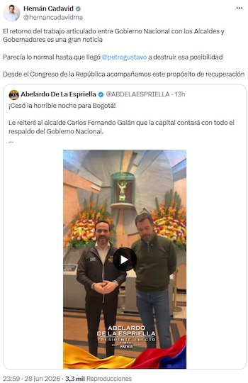 Hernán Cadavid celebró el regreso de la coordinación entre Gobierno nacional y autoridades locales - crédito @hernancadavidma/X