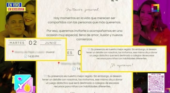 Imagen dividida con Karla Tarazona y Christian Domínguez sonriendo a la izquierda y una invitación de boda destacando la fecha y la petición de donativos a la derecha