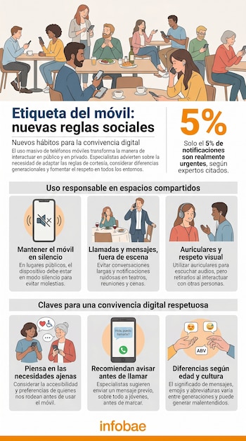 Infografía que muestra ilustraciones de personas usando teléfonos en espacios públicos, con texto sobre nuevas normas de etiqueta y convivencia digital.