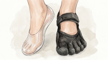 Ilustración de acuarela de dos pies humanos usando diferentes tipos de calzado: un zapato transparente y un zapato negro con diseño de dedos.