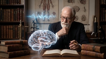 Un hombre mayor con barba blanca y gafas, tipo Freud, se sienta en un escritorio de madera con un libro abierto, observando un holograma de un cerebro y ondas cerebrales.