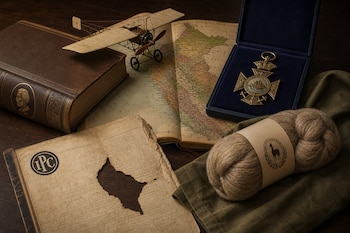 Un mapa del Perú, un libro, una maqueta de monoplano, una medalla en su estuche, un documento roto con el logotipo de IPC y una fibra de vicuña.