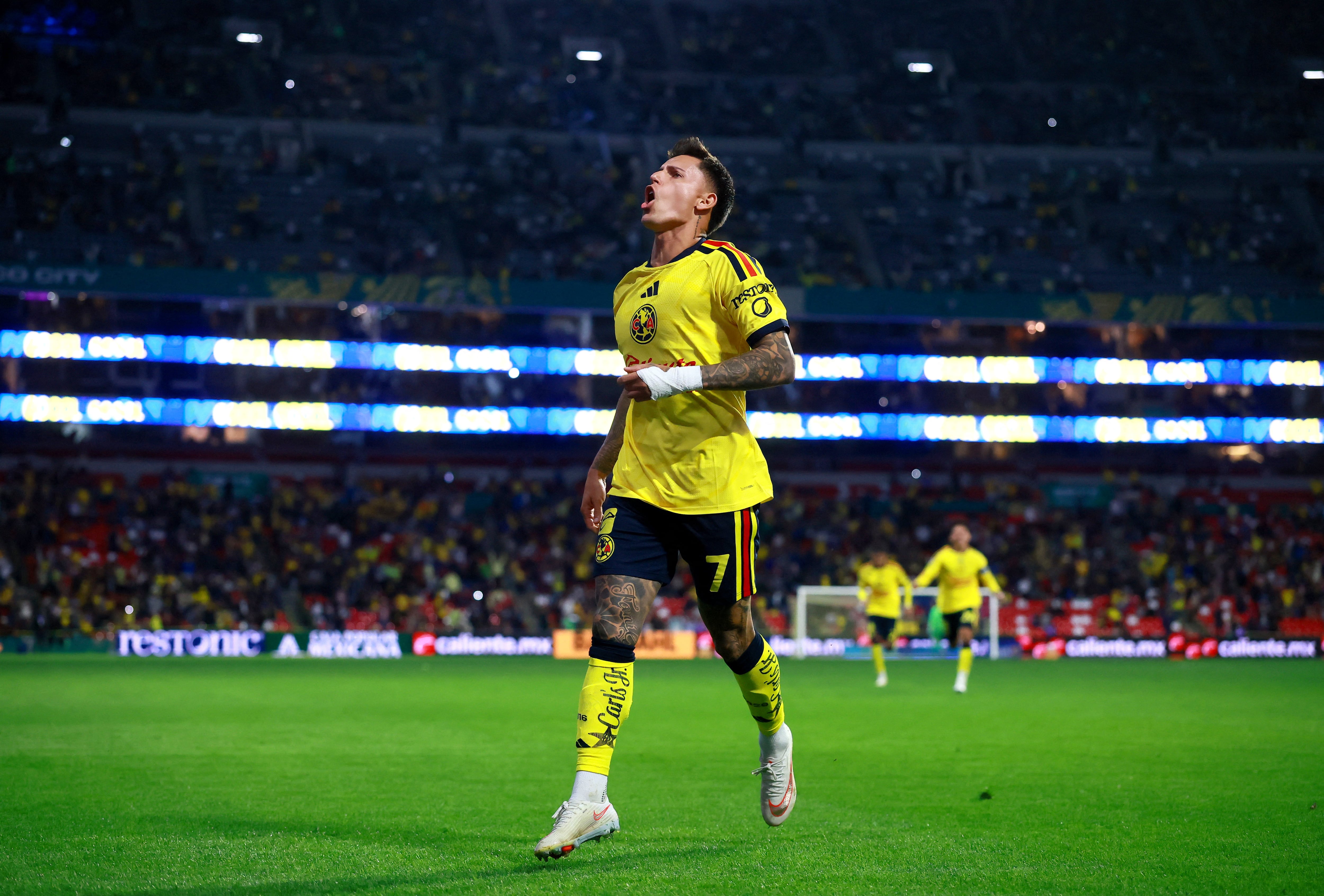 Soccer Football - Liga MX - America v Puebla - Estadio Azteca, Mexico City, Mexico - August 29, 2026 America's Brian Rodriguez celebrates scoring their second goal REUTERS/Eloisa Sanchez