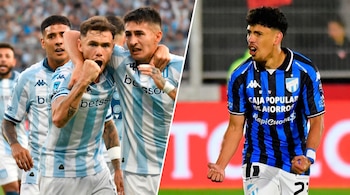 Composición fotográfica de futbolistas con camisetas celestes y blancas a la izquierda y un jugador con camiseta azul y negra a la derecha.