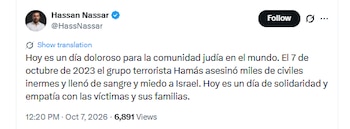 Nassar escribió unas palabras de solidariad en su perfil de X - crédito
