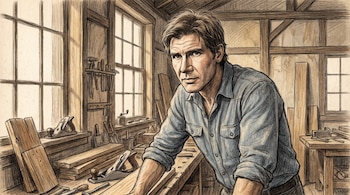Ilustración a lápiz de Harrison Ford joven en un taller. Se ven herramientas de carpintería, tablones de madera y ventanas de luz tenue.