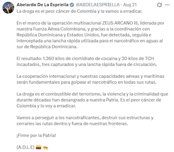 De la Espriella reportó la incautación de 1.360 kilos de clorhidrato de cocaína y 30 kilos de THC durante una operación multinacional. - crédito @ABDELAESPRIELLA/X