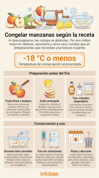 Infografía con ilustraciones de manzanas, utensilios de cocina, métodos de envasado y secciones de texto explicativo sobre su conservación.