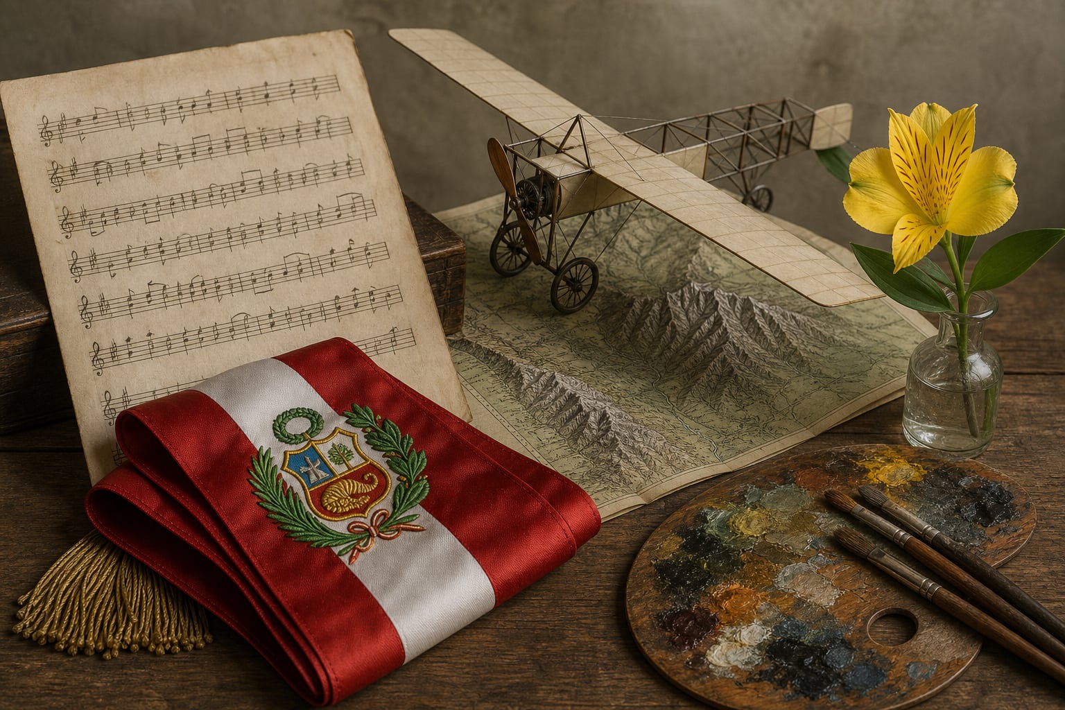 Objetos representativos de la historia de Perú, como una banda presidencial, una partitura y una paleta de pintura, integran un bodegón sobre una mesa de madera. (Imagen Ilustrativa Infobae)