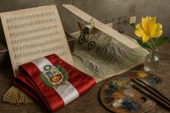Banda presidencial de Perú, partitura antigua, maqueta de avión sobre un mapa, paleta de pintor con pinceles y flor amarilla en un florero.