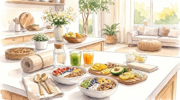 Ilustración en acuarela de una cocina moderna con una encimera llena de tazones de avena con frutas, jugos, aguacate y limones. Al fondo, una sala con sofá.