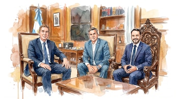 Ilustración acuarela de tres hombres con traje sentados en sillas de madera ante una mesa en un ambiente de oficina con bandera argentina.