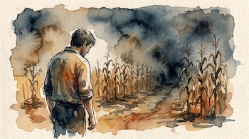 Ilustración en acuarela de un campesino de espaldas mirando un campo de maíz seco bajo un fondo oscuro y difuminado, con textura de papel rugoso.