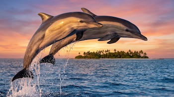 Dos delfines emergen del agua con salpicaduras en primer plano, una isla con palmeras en la distancia y un cielo de atardecer rosado y anaranjado.