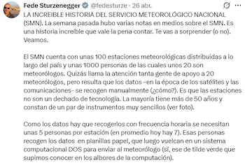Captura de pantalla de un tuit de Fede Sturzenegger, mostrando su foto de perfil, nombre de usuario y el texto inicial de su hilo sobre el SMN