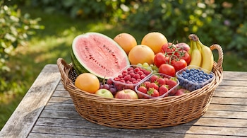 Cesta de mimbre con sandía, pomelos, bananas, tomates en rama, frambuesas, fresas, arándanos, manzanas y uvas sobre una mesa de madera en exterior.
