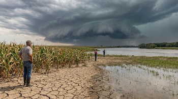 Vista panorámica de un campo de maíz seco con tierra agrietada, un río y tres hombres observando una gran y oscura nube de tormenta en el cielo.