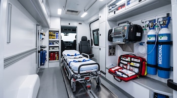 Interior de ambulancia con una camilla metálica, tubos de oxígeno medicinal, un monitor cardíaco y un maletín rojo con suministros médicos.