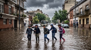 Cinco niños con mochilas y abrigos caminan por el agua acumulada en una calle residencial flanqueada por edificios y automóviles.
