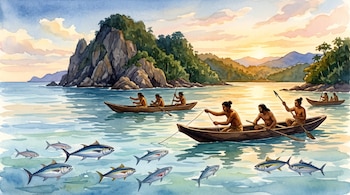 Acuarela de hombres en canoas de madera pescando con arpones y cuerdas en el mar, con peces en el agua y una isla rocosa al fondo.